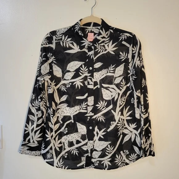 Talbots (Women's MP) Long sleeve Button down Semi-sheer "Tropical Panther" Top - Picture 2 of 11